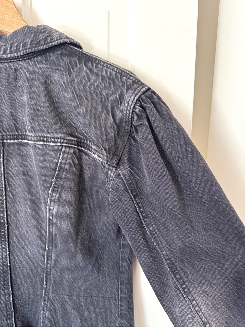 We The Free Washed Black Long Denim Jacket Distressed Over Coat - Picture 10 of 10